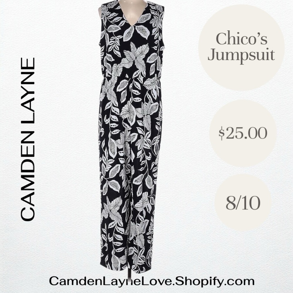 Chico's Black and White Tropical Print Jumpsuit - Picture 2 of 8